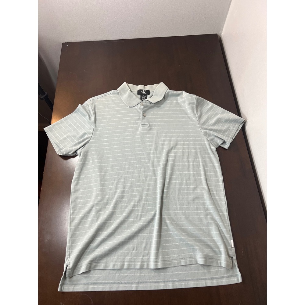 Calvin Klein Mens Polo Shirt Medium Sage Green White Striped Short Sleeve Cotton